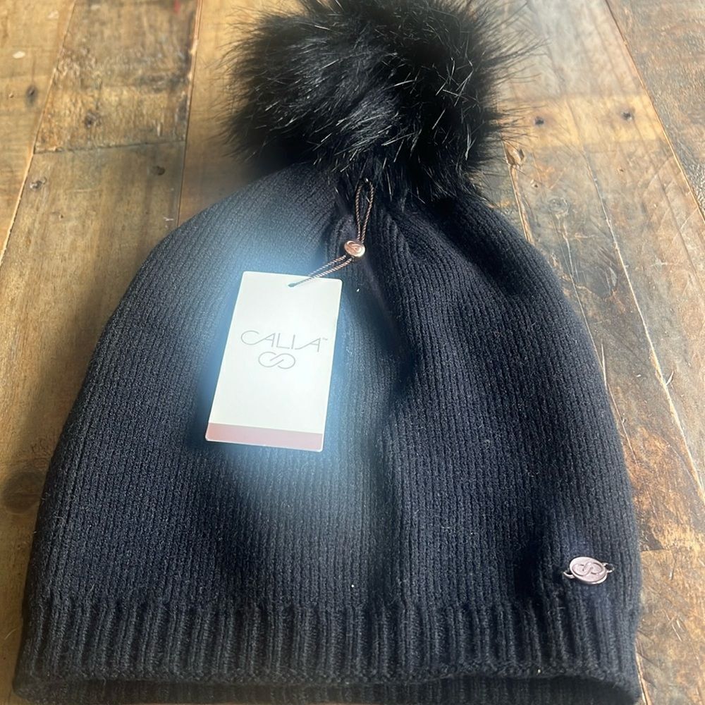WOMENS OSFA SLOUCH BEANIE W/FAUX FUR POM POM - Picture 2 of 4